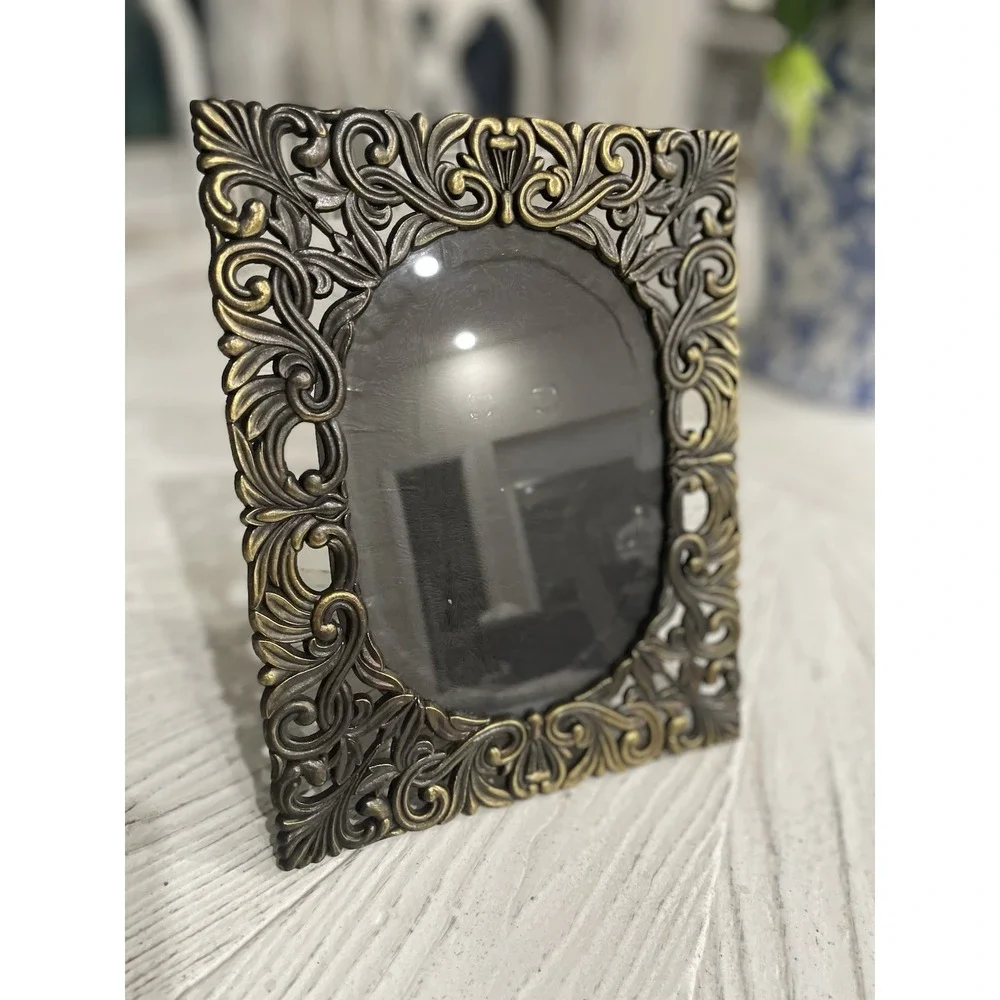 Vintage Heavy Antique Brass Colored Metal Filigree Picture Frame Holds 5